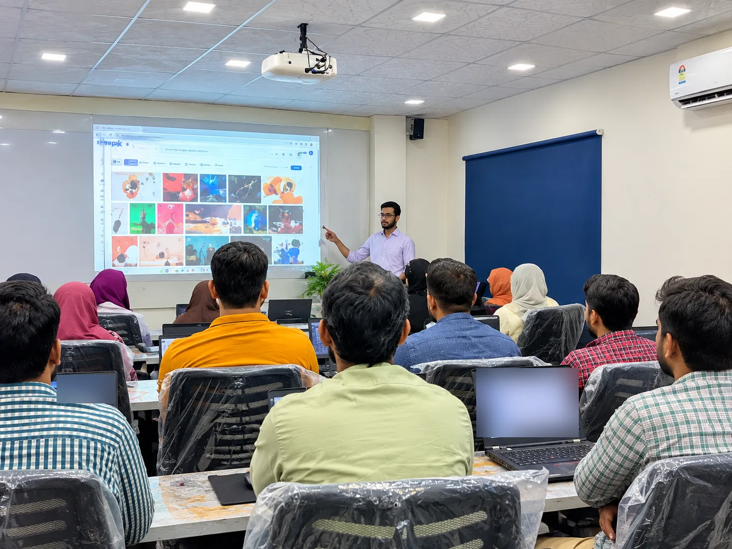 Trainer presenting digital course material to AGHA Institute students